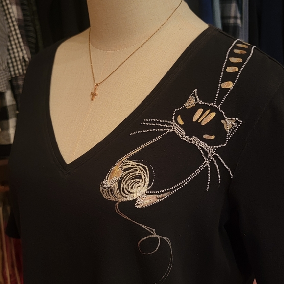 CHICO'S ♡ Super Sweet Vintage Black Kitty Cat V Neck Embellished Beaded Top M/L - Picture 1 of 14